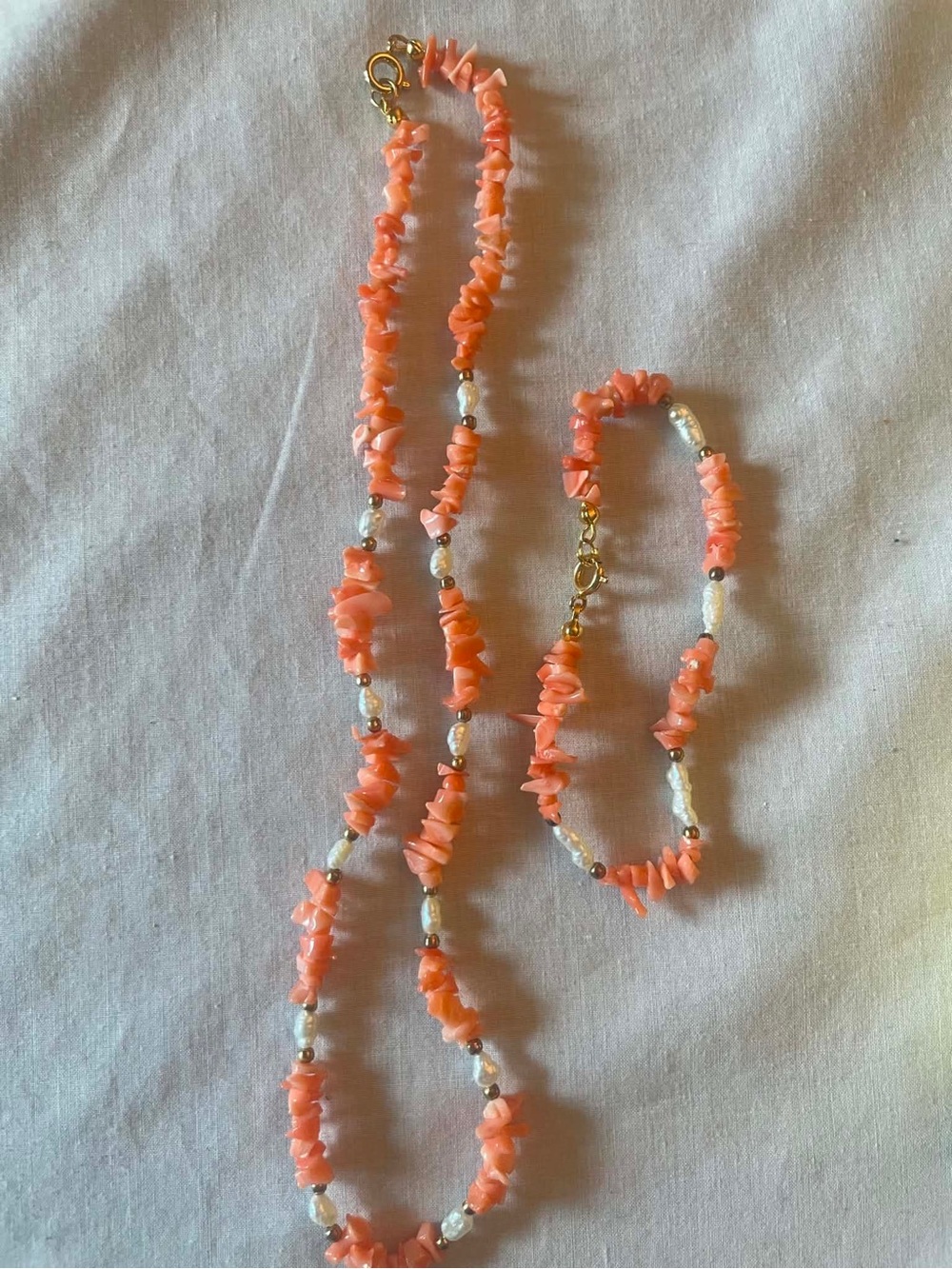 Peach Coral Chip Necklace and Bracelet Set with Gold Accents